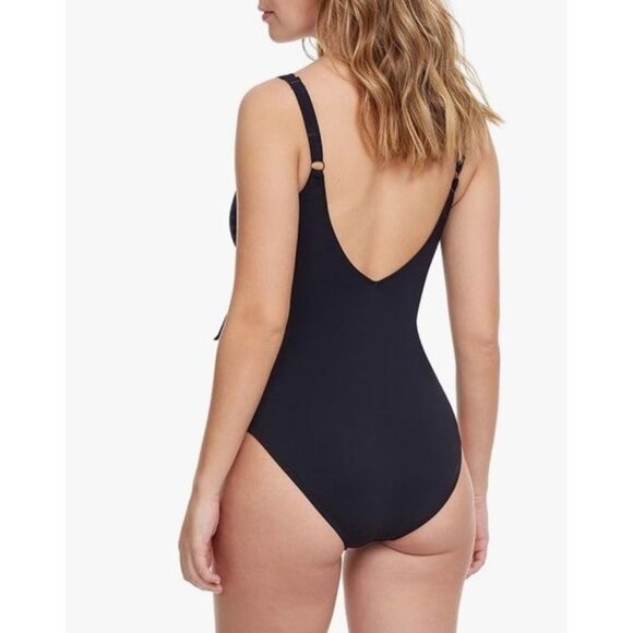 Gottex Sz 8 Swimsuit Tutti Fruity Ruffle One Shoulder V Neck One Piece Black New - Picture 3 of 7